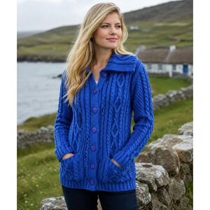 Aran‎ Crafts Ireland Blue 100% Merino Wool Cable Knit Cardigan Sweater Womens XS